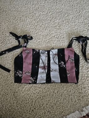 Dolls Kill Black, Pink & White Striped Floral Lace-Up Cami Crop Top